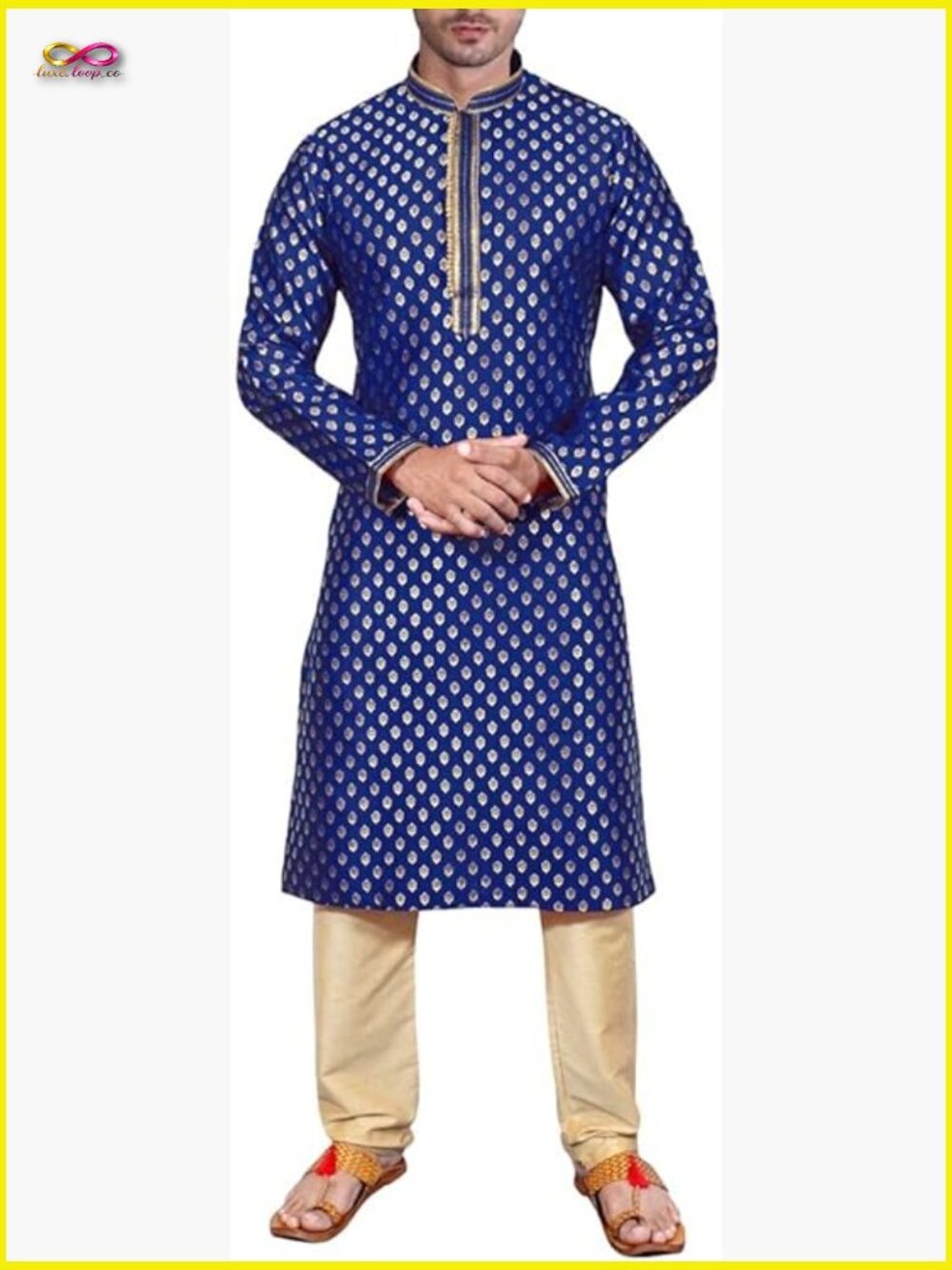 Kurta Pajama Set Mandal Collar Long Sleeve Embroidered Slim Fit Wedding Party